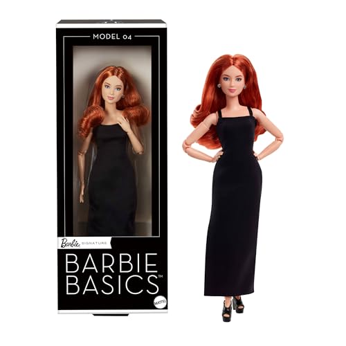 Barbie Basics-Modell 4, Sammlerpuppe mit roten Locken, schwarzem Minikleid und Stiefeln, Mode in universeller Passform, beweglichem zierlichen Körper und austauschbarem Kopf, JBH74