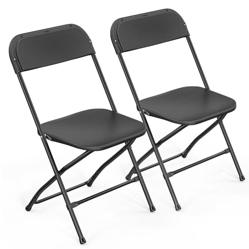 VINGLI 2 Pack Black Plastic Folding Chair, Indoor Outdoor Portable Stackable Commercial Seat with Steel Frame 350lb. Capacity for Events Office Wedding Party Picnic Kitchen Dining