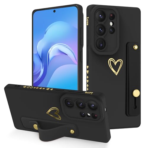 Fiyart Designed for Samsung Galaxy S25 Ultra Case with Phone Holder Cute Love Hearts Pattern Slim Protective Camera Protection Cover with Wrist Strap Kickstand for Women Girls -Black