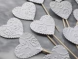 White Heart Cupcake Toppers French Lace Embossed Food Picks - Party Picks - Wedding Appetizer Picks