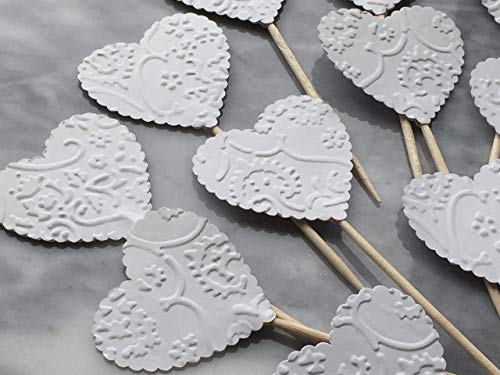 White Heart Cupcake Toppers French Lace Embossed Food Picks - Party Picks - Wedding Appetizer Picks (Set Of 24) #TOP7