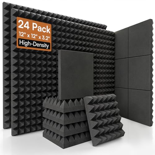 Image of SODOCT 24 Pack 3.2 Inches Extra Thick Pyramid Acoustic Foam Panels, 12 x 12 Inches High Density Soundproofing Foam for Walls, Professional Sound Absorbing Panels for Studio, Podcasting, Cinema