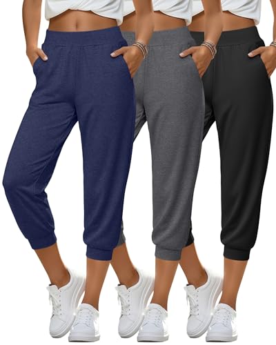 Velvelhall 3 Pack Women's Capri Joggers High Waisted Workout Cropped Sweatpants Athletic Running Capri Pants with Pockets(X-Large,Black, Heather Gray, Navy Blue)