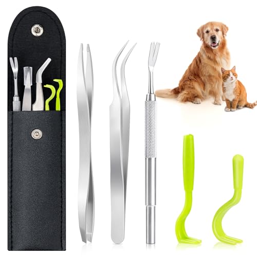 MELLIEX 5 Pièces Tire Tique, Pince à Tiques en Acier Inoxydable, Crochet Tiques en Plastique avec Sac de Rangement pour Chiens et Chats
