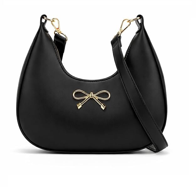 Women's Crescent Hobo Shoulder Bag, Black, Vegan Leather, Gold Metal Bow, Zip-Top Closure, Adjustable Crossbody Strap-image-49