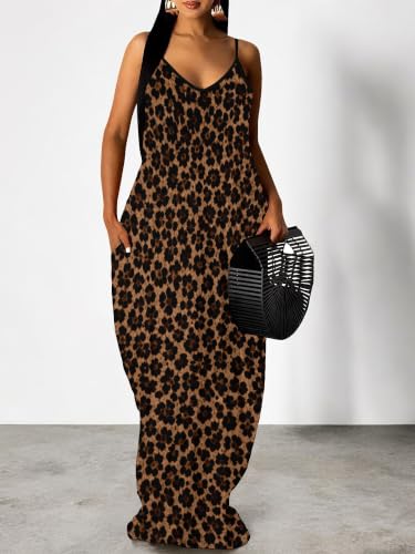 Image of Women's Summer Maxi Dress Spaghetti Strap Floral Boho Beach Long Sundress with Pockets