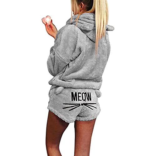 Pijama bordado de gato para mujer, 2 piezas, ropa de dormir con capucha para niñas, bata de baño de manga larga, pantalones cortos de forro polar, traje de chándal, gris claro, L Cover