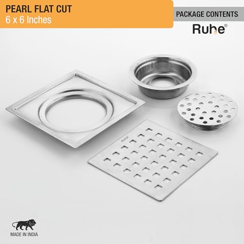 Image of Ruhe Pearl Square Flat Cut Floor Drain, 6 x 6 Inches | 304-Grade Floor Drainer with Cockroach Trap Floor Drainer for Bathroom, Balcony