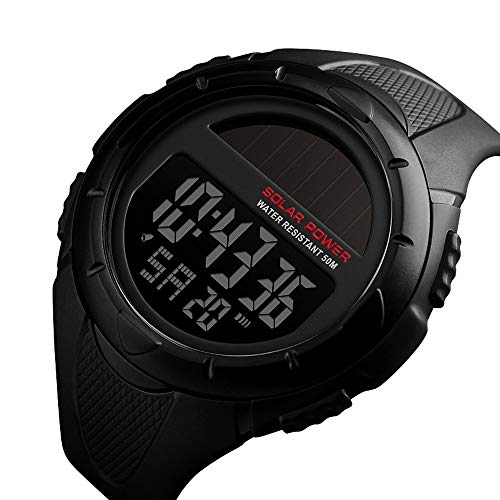 Alcadan Men's Sports Watches Solar Digital Led Face Backlight Multifunction Military Waterproof For Boys Wrist Watch 1405 (Black) #TOP3