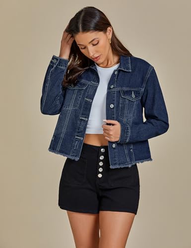 Image of luvamia Denim Jacket for Women Distressed Jean Jackets Button Up Vintage Western Trucker Jacket Frayed Hem Pockets