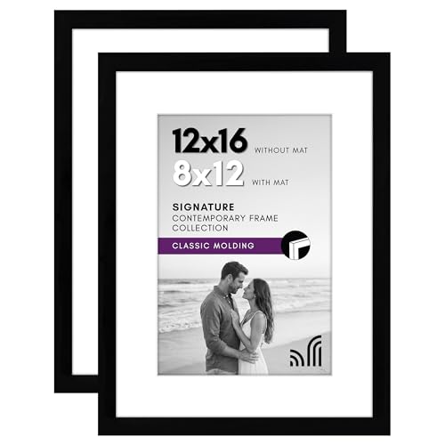 Americanflat 12x16 Picture Frame with Shatter-Resistant Glass - Set of 2 - Use as 8x12 Frame with Mat or Display 12x16 Photo Without Mat - Signature Collection - Picture Frames for Wall - Black