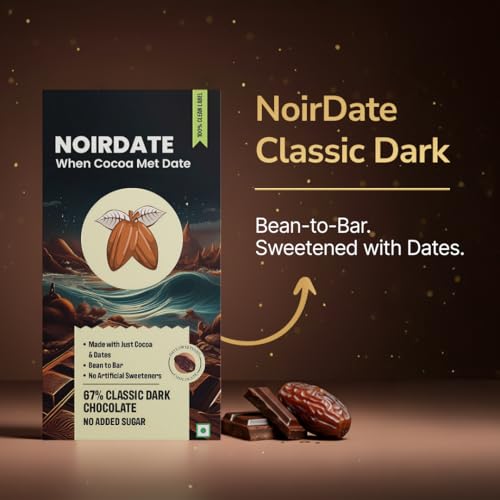 Image of NoirDate Classic Dark Chocolate - 75g, Bean to Bar, Sweetened with Dates, Refined Sugar Free, Clean Label, Healthy & Tasty Guilt-Free Indulgence, Vegan, Antioxidants Rich, (Pack Of 2)
