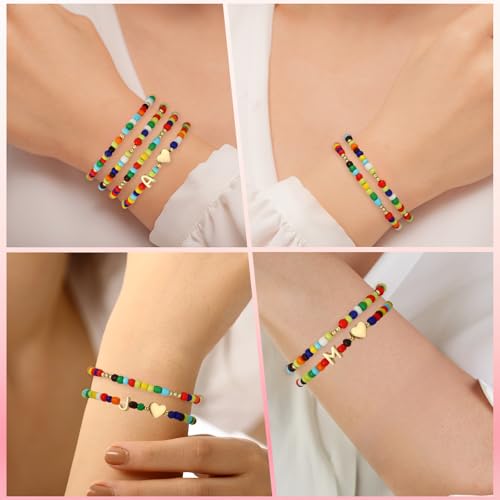 4PCS Initial Colorful Beaded Bracelets Initial Bracelets for Teen Girls Initial Colorful Beaded Bracelets Set Summer Boho Y2K Bohemian Stackable Letter A-Z Stretch Bracelets Birthday Jewelry Gifts3