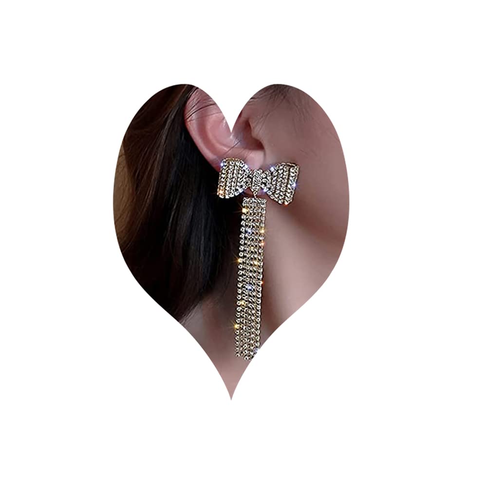 Wiwpar Long Fashion Bow Tassel Earrings Full Diamond Earrings Rhinestone Long Tassels Dangle Earrings for Women Girls