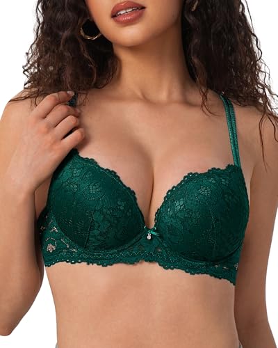 Image of Women Lace Push Up Bras Add Two Cups Size Thick Padded Plunge Cleavage Underwire Bra