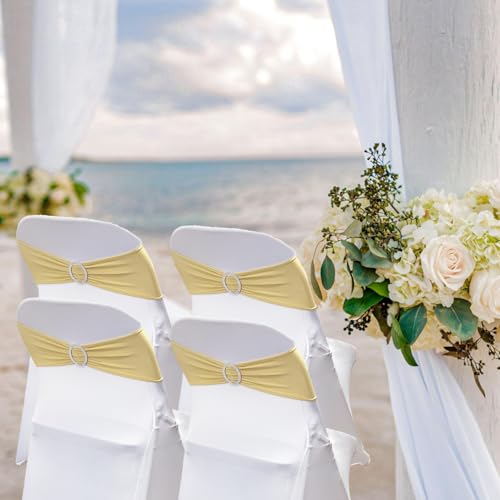 Image of Spandex Chair Sashes Bands, Champagne, 100PCS | Stretch Chair Ties Bows, With Buckle Slider, For Wedding Party Banquet Decoration