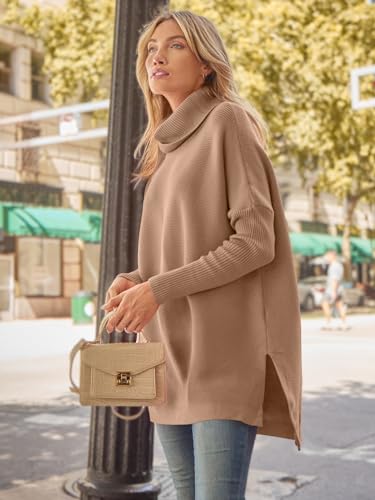 Image of LILLUSORY Women's Turtleneck Oversized Sweaters Long Batwing Sleeve Spilt Hem Tunic Pullover Knit Tops