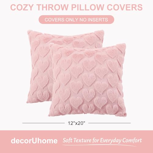 Image of decorUhome Valentine's Day Soft Plush Throw Pillow Covers 20x20 Inch Set of 2, Faux Fur Pink Heart Decoration Neutral Square Pillow Covers for Couch Sofa Bed Cozy Farmhouse Holiday Decor