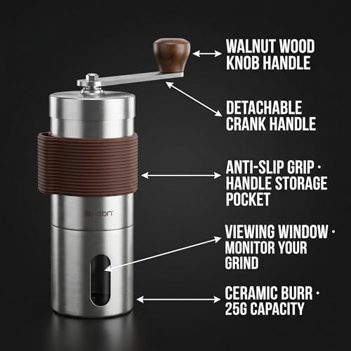 Image of AXEON Manual Coffee Grinder | Hand Coffee Grinder with Adjustable Ceramic Burr | Stainless Steel Coffee Bean Grinder | Portable Coffee Grinder for Espresso, Pour Over, French Press & Moka Pot