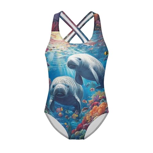 Image of WELLFLYHOM Girls Swimsuit 5-14 Cross Back Swimwear Full Coverage One Piece Bathing Suit Sleeveless Beachwear