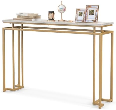 LIFEZEAL Mesa Consola de Efecto Mármol, Mesa Consola Moderna, Mesa de Recibidor con Estructura Metálica para Pasillo, Sala de Estar, Entrada, 120 x 30 x 80,5 CM, Dorado