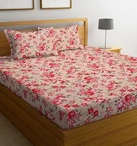 Image of la' Amour Premium Cotton Elastic Fitted Bedsheets with 2 King Size Pillow Covers Double Bed with All Around Elastic Supersoft Size - 72 King Sizex78+10 inches Light Pink Floral Print 200 tc - 220 tc