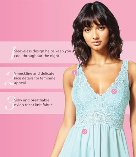 Image of Exquisite Form Women's 70807 Nylon Tricot Sleeveless Long Nightgown with Floral Lace
