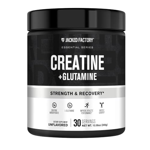 Jacked Factory Creatine + Glutamine - Creatine Supplement with L-Glutamine for Muscle Recovery Muscle Growth Increased Strength Enhanced Energy Output and Gut Health - 30 Servings Unflavored
