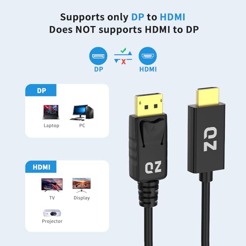 Image of QZ Displayport to HDMI Cable, DP to HDMI Cable, Unidirectional, DisplayPort 1.4, HDMI2.0, 4K 60Hz, Black, 1.8 Meter