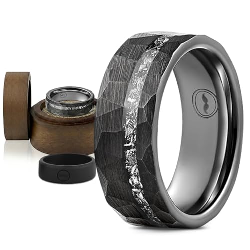 Alliance martelée en tungstène noir et véritable météorite pour homme