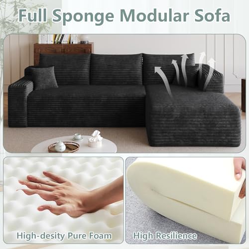 Image of 95 inch Modular Sectional Sofa, Modern Corduroy Cloud Couch with Side Pockets, Boneless Couch Upholstered 3-Seater L-Shaped Sofa for Living Room, No Assembly Required (Black,Right-Facing Chaise)