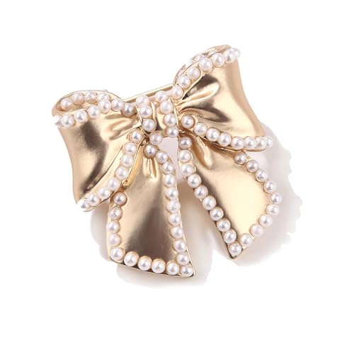Image of 14k Golden Plated Bow Knot Lapel Brooch Pin Cultured Pearl Ribbon Bow Pins Clip Sweater Dress Suit Clothes Accessories Brooches Pins Fashion Christmas Birthday Jewelry Gifts for Women Girls Decor