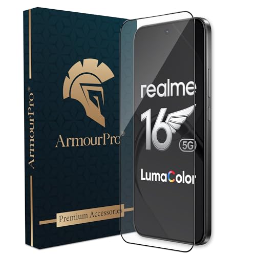 Image of ArmourPro Tempered Glass for Realme 16-9H Screen Protector with Black Border, Anti Scratch, Edge-to-Edge Coverage, HD Clarity, Smooth Touch, Case Friendly | Black