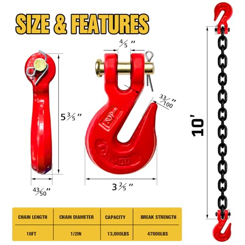 Image of G80 Transport Binder Chain,10FT 1 /2 inch Trailer Safety Chains with Clevis Grab Hooks,12,000 lbs Safe Working Load Heavy Duty Chain for Transporting,Towing,Logging Tie Down Binding