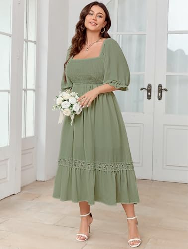 Image of SCOMCHIC Women's Plus Size Boho Maxi Dress Short Sleeve Square Neck Smocked Flowy A-Line Lace Trim Wedding Guest Dresses