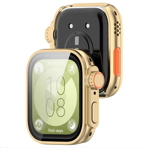 GIOPUEY Case Compatible with Huawei Watch Fit 3, Glass Protective Film + Hard Plastic Bezel, Huawei Watch Fit 3 Cover - gold - Image 2