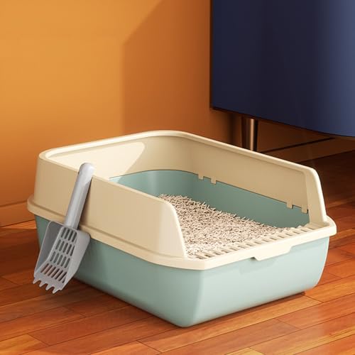 メガトレー猫用 トイレ 本体 大きい猫 大きいトイレ ゆったり広々 飛び散り防止カバー付き 掃除便利 猫トイレ 一体型 飛散防止 長方形 サイズ(約) 幅50×奥32×高21cm (ブルー)