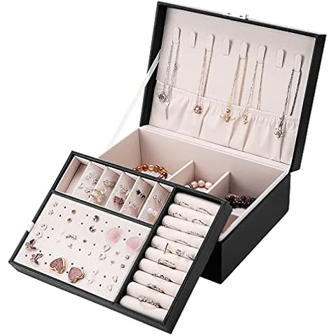Coptiner Jewellery Box Organizer 2-Layer Pu Leather Jewelry Storage Case for Women Girls Jewellery Organizer for Rings Earrings Necklace Bracelets Lockable Jewelry Storage Gift, Black Cover