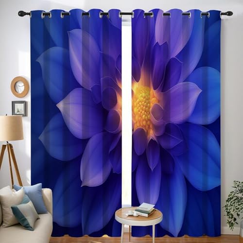 TMMDH Motivos De Dalias Cortinas Opacas Azul Cortinas Termicas aislantes Frio y Calor Tres Pisos Tela Suave Tres Pisos Tejido 2 Piezas 80x150 cm para Salon