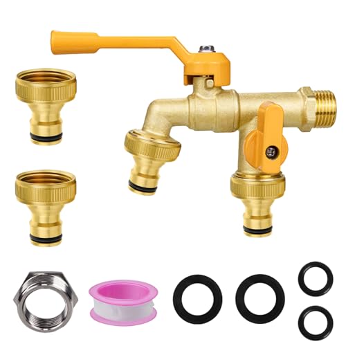 Double Garden Tap 1/2-inch Garden Tap with Two 3/4-inch Brass Outdoor tap Dual Ball Valve outlets with Dual Hose connectors Rust-Proof and Freeze-ProofSuitable for Gardens and Home Industries