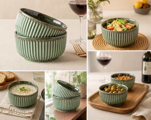 Image of Bodhi House Ceramic Deep Serving Bowls Set of 2 | 800ml Multipurpose Bowls for Ramen, Salad, Cereal, Snacks & More | Microwave Safe | Turquoise Green | Stylish Dining & Gifting Choice
