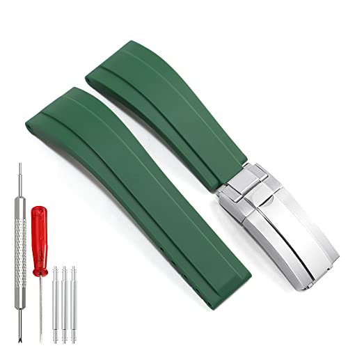 Wentokye Rubber Watchband For Rolex SUBMARINER GHOST DATEJUST OYSTERPERTUAL DAYTONA YACHTMASTER Deployment Buckle 20mm Rolex Rubber Strap Replacement (Green,Silver Buckle)