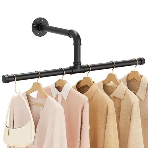 Yawinhe Industrierohr Kleiderstangen, Kleiderständer für die Wand, Rustikale Kleideraufbewahrung, Platzsparenders Wandregal Küchenregal, für kleine Zimmer, Schwarz, 51cm, 1-Pack