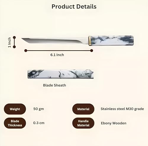 Image of Wizbiz Japanese Style Mini Pocket Katana Kitchen Knife with Sheath - Ebony Handle, Stainless Steel - Perfect for Fruit Vegetable Slicing,Chopping,Gifting & Restaurant Use