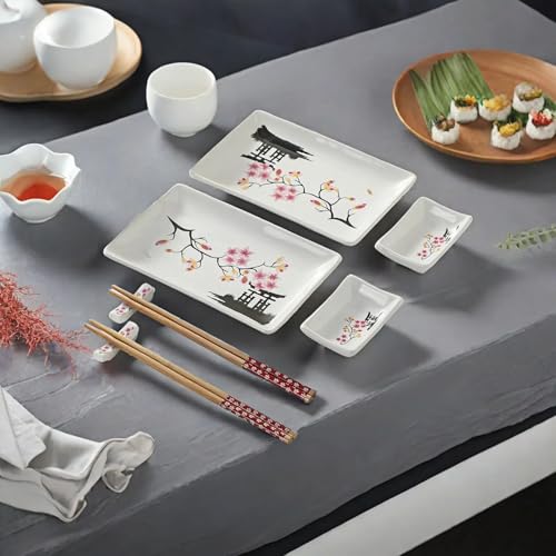 Image of 8 pcs Japanese Sushi Plate Sets Serving Platters and Trays for Entertaining Sushi Dishes Set Plates Sushi Plates Traditional Cuisine Dinnerware Sets with Chopsticks Pink Sakura