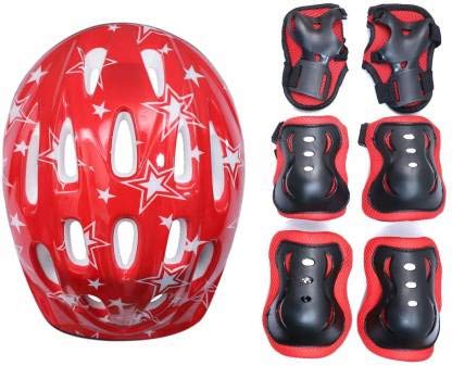 Hipkoo Sports 4 in 1 Kids/Youth Knee Pad, Elbow Guard, Wrist Guards and Helmet Protective Gear Set for Roller Skates, Cycling, Biking, Inline Skating and Scooter Riding Sports (Red, Small, Set of 4)