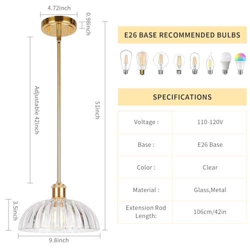 Image of JYO 10 inch Gold Pendant Light, Vintage Single Pendant Light Fixtur with Ribbed Glass, Pendant Light for Kitchen Island Bedroom Hotel Living Room
