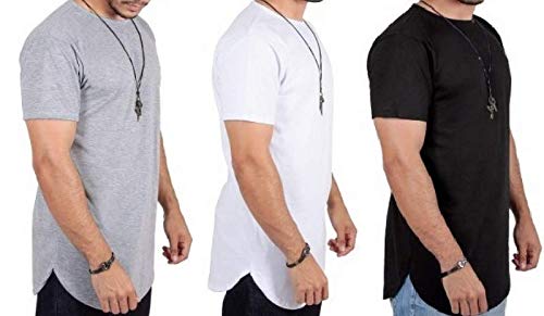 Camisas Blusas Camiseta Masculinas Long Line Oversize Swag, Kit C/3 UNIDADES (PRETO,BRANCO,CINZA, M)