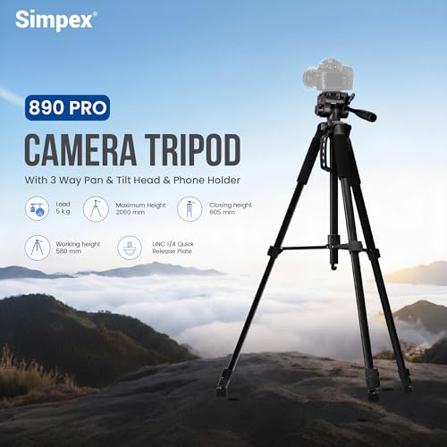 Image of Simpex Tripod 890 PRO Platinum Aluminum Light Weight Tripod, with Fluid Video Head, for DSLR Camera, Max Operating Height:7Feet,Max Load:5kg