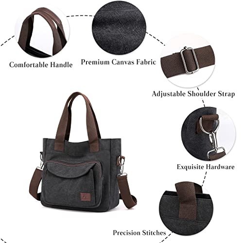 PORRASSO Women Crossbody Bag Canvas Shoulder Bag Tote Ladies Handbag Satchel Messenger Bag for Shopping Travel Work Daily Use Black4